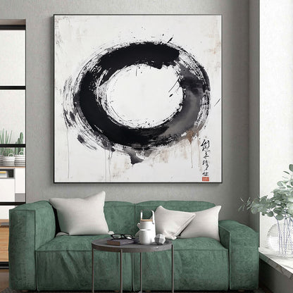 Black, White, Textured Circle "Pure Enso" Abstract Minimalist Painting On Canvas HB107
