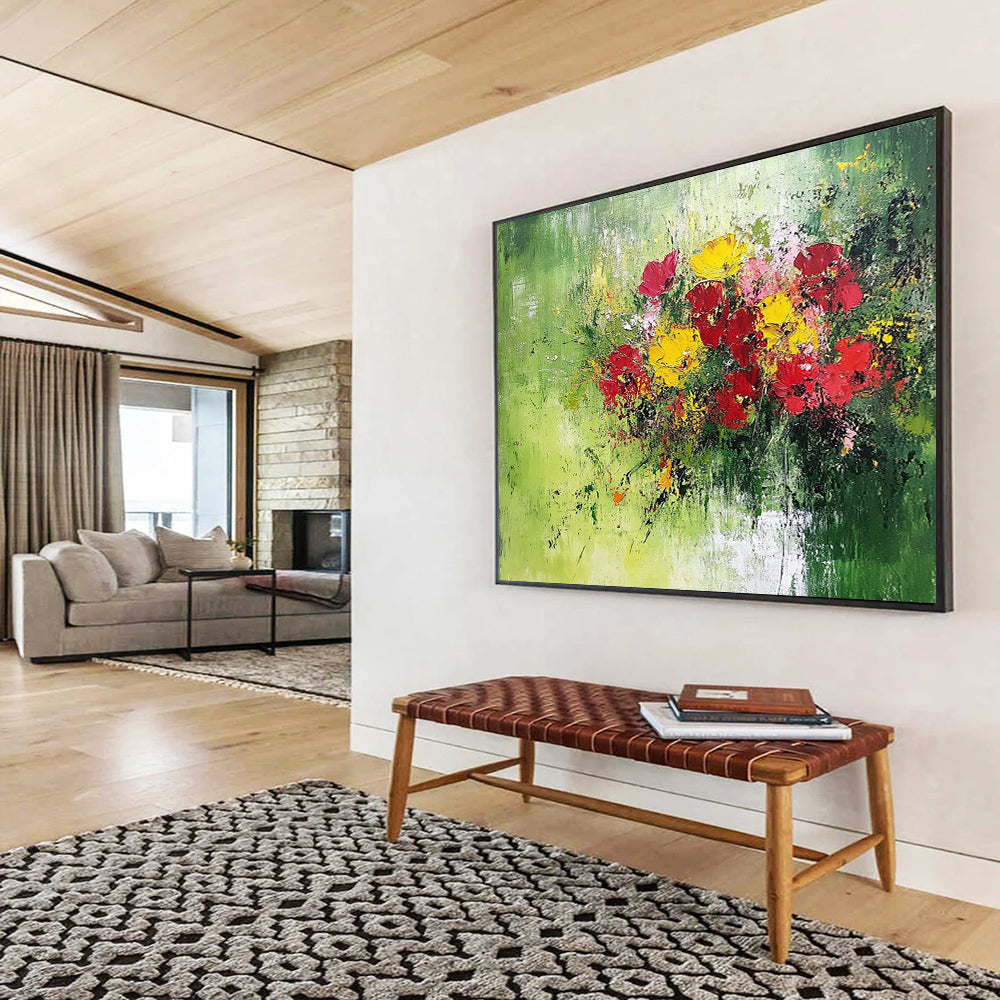 Impasto Flower Bouquet on Green - Textured Still - Life Painting On Canvas HB0475