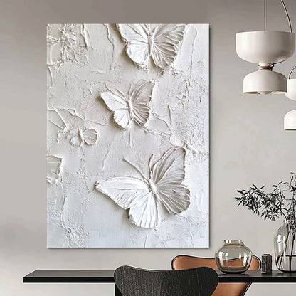 Contemporary abstract artwork featuring white butterflies on a textured plaster wall, enhanced high-definition texture detail for a striking visual impact. DLZ1739