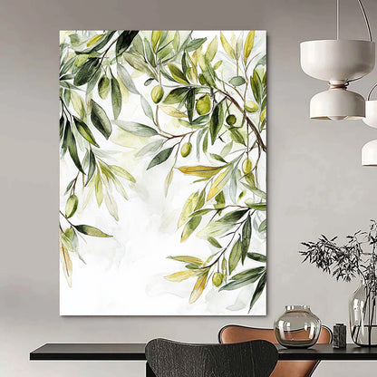 Contemporary abstract painting featuring olive tree leaves in muted colors with soft organic forms and white space highlighting nature's tranquility. DLZ1728