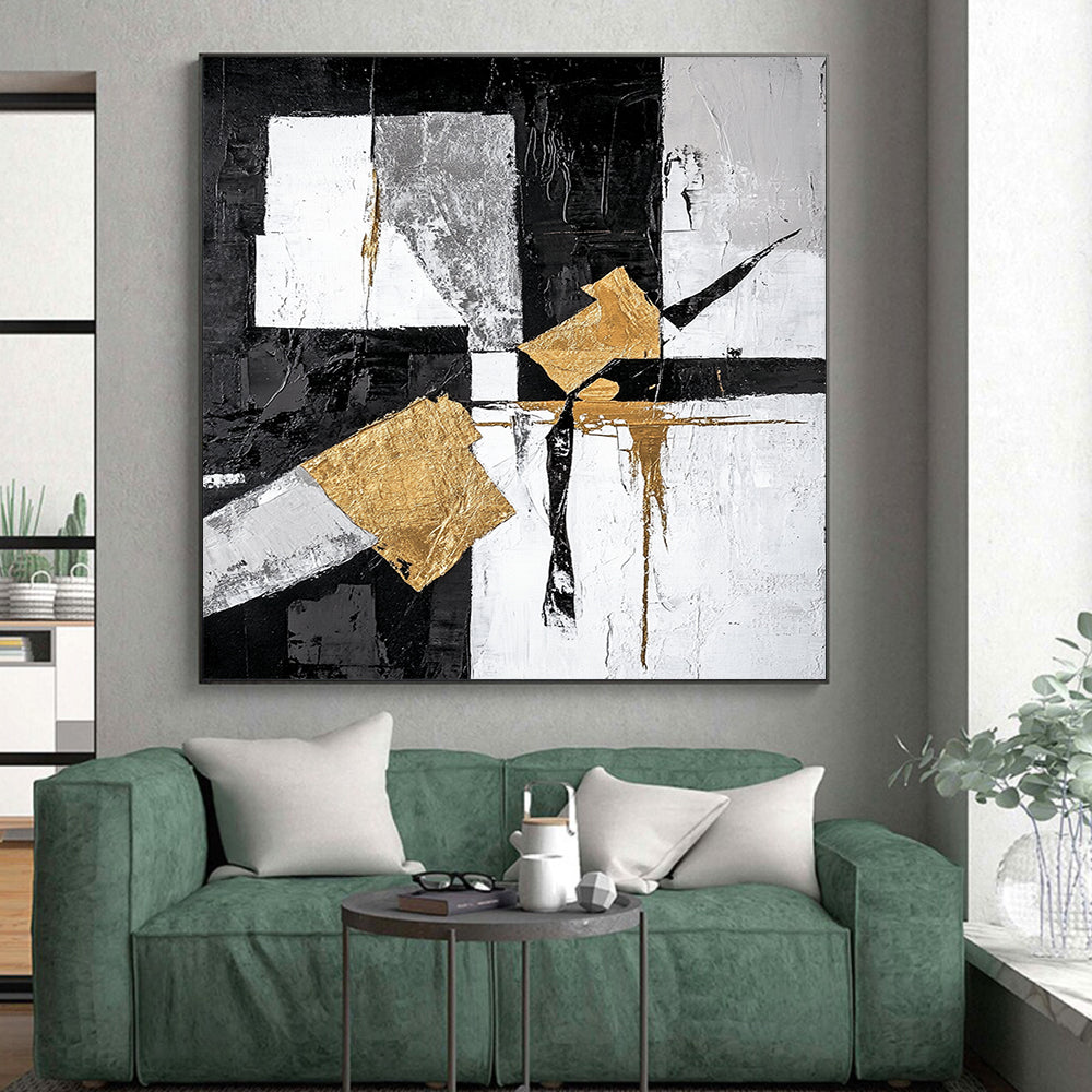 Black, White, Gray, Gold, Angular Shapes "Gilded Geometry" Abstract Minimalist Painting On Canvas HB062