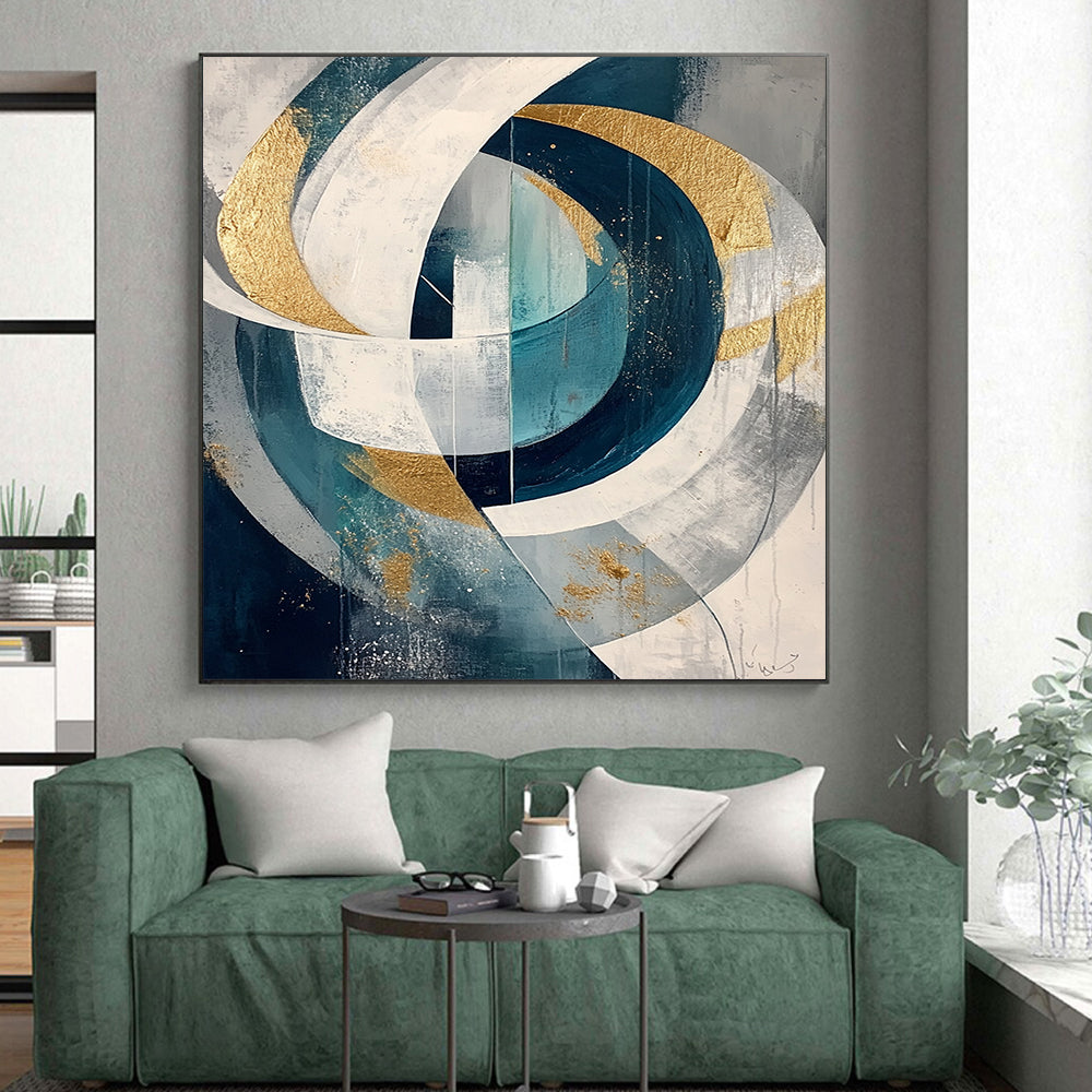 Teal, White, Gray and Gold Intertwined Circles "Celestial Loops" Painting On Canvas HB320