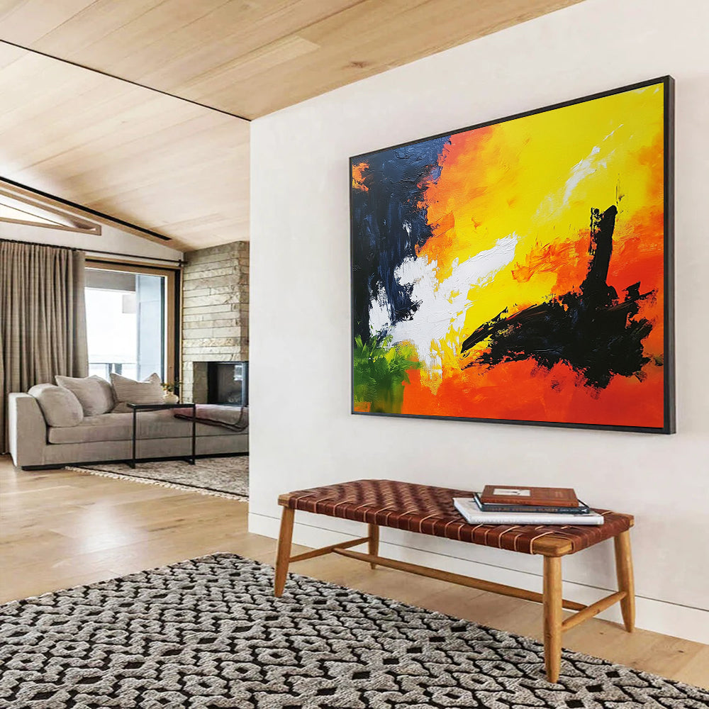 “Fiery Abstract Sky” - Yellow, Orange, Black, Green, Abstract Dramatic Sky Painting On Canvas HB1090