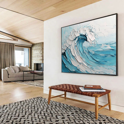 Blue and White Textured Wave "Crashing Serenity" Painting On Canvas HB0419