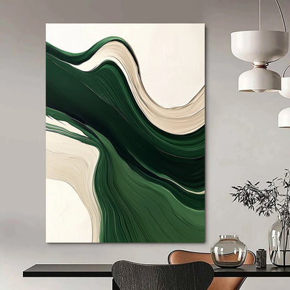Contemporary hand-painted abstract artwork featuring fluid green and white lines, organic shapes, and layered textures on a neutral background. DLZ0622