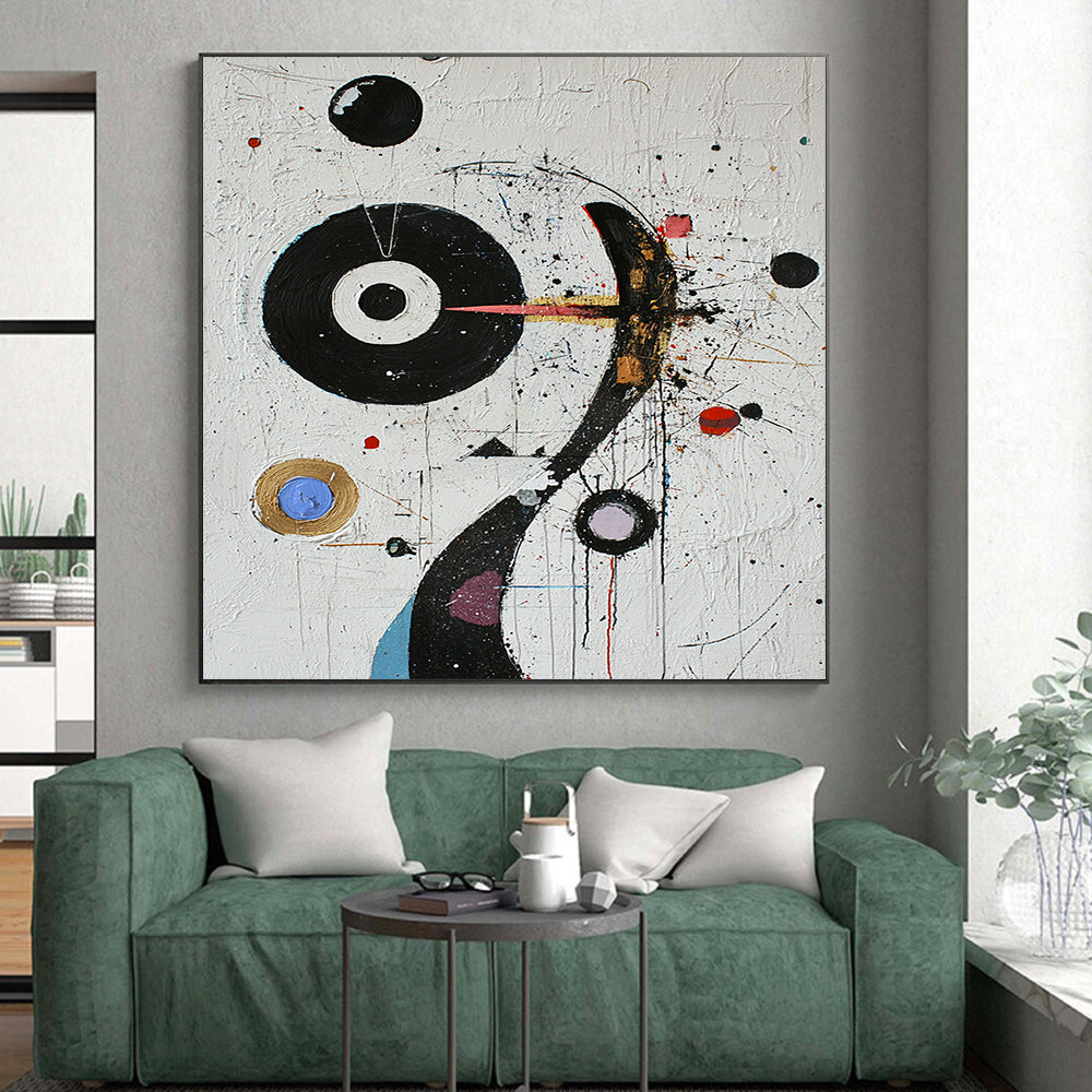 White, Black, Colorful Circles "Cosmic Carnival" Abstract Modernist Painting On Canvas HB087