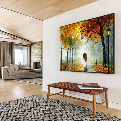 “Autumn Stroll” - Orange, Yellow, Green, Couple Walking Under Trees - Impasto Oil Painting HB1704