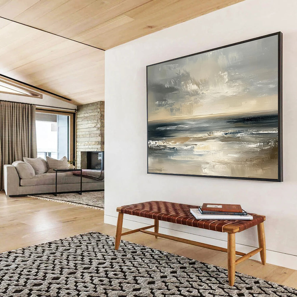 “Moody Ocean Horizon” - Greys, Browns, Blues, Dramatic Ocean - Impasto Oil Painting HB1603