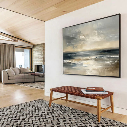 “Moody Ocean Horizon” - Greys, Browns, Blues, Dramatic Ocean - Impasto Oil Painting HB1603