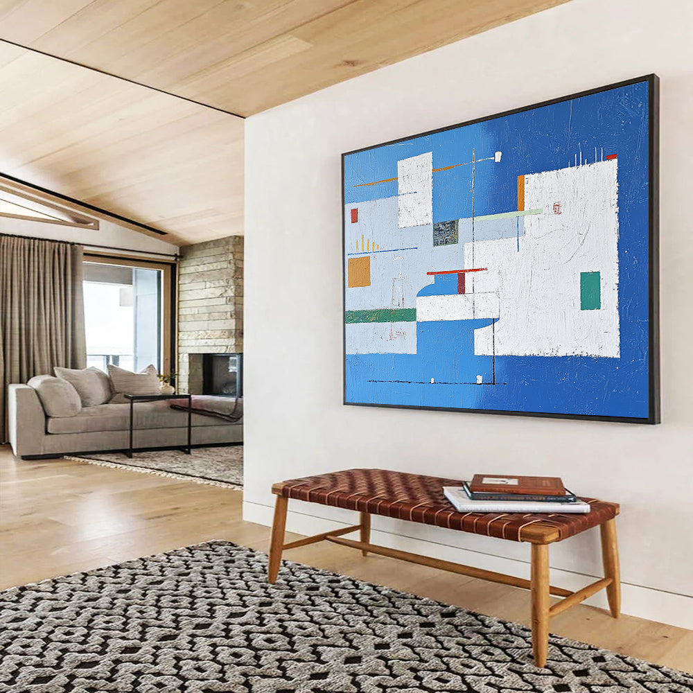 “Blue - White Abstract Geometric Composition” - Blue, White, Colorful Geometric Shapes Painting On Canvas HB0835