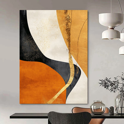 Contemporary hand-painted abstract art featuring gold and black shapes on an orange background with flowing lines and natural organic curves. DLZ0387