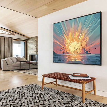 “Explosive Coastal Sunset” - Orange, Blue, Dynamic Coastal Explosion Painting On Canvas HB0891