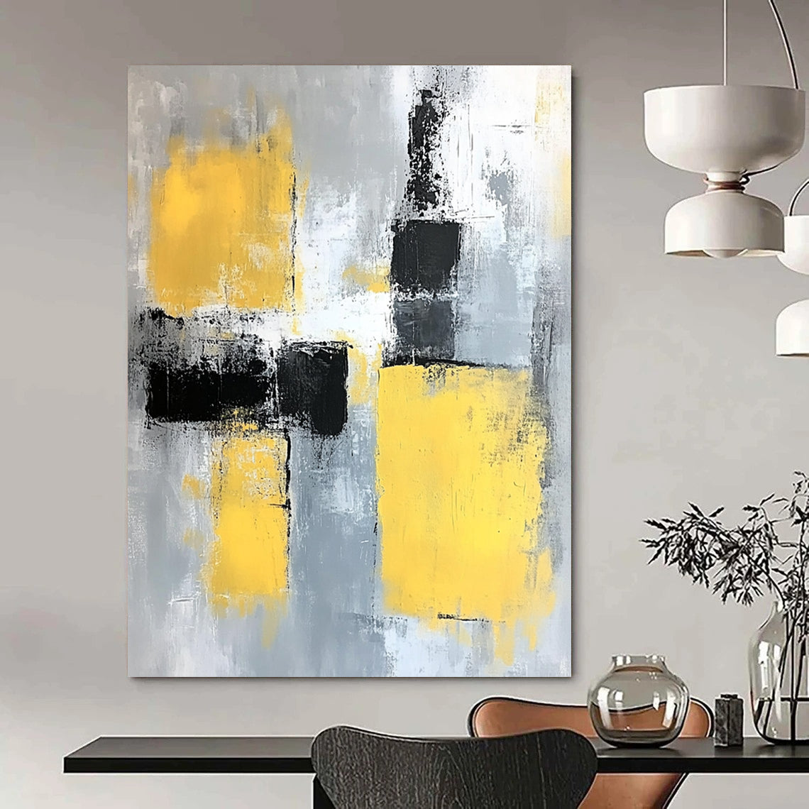 Contemporary abstract painting featuring gray and yellow color blocks with soft edges and dynamic brush strokes on a large canvas. DLZ0522
