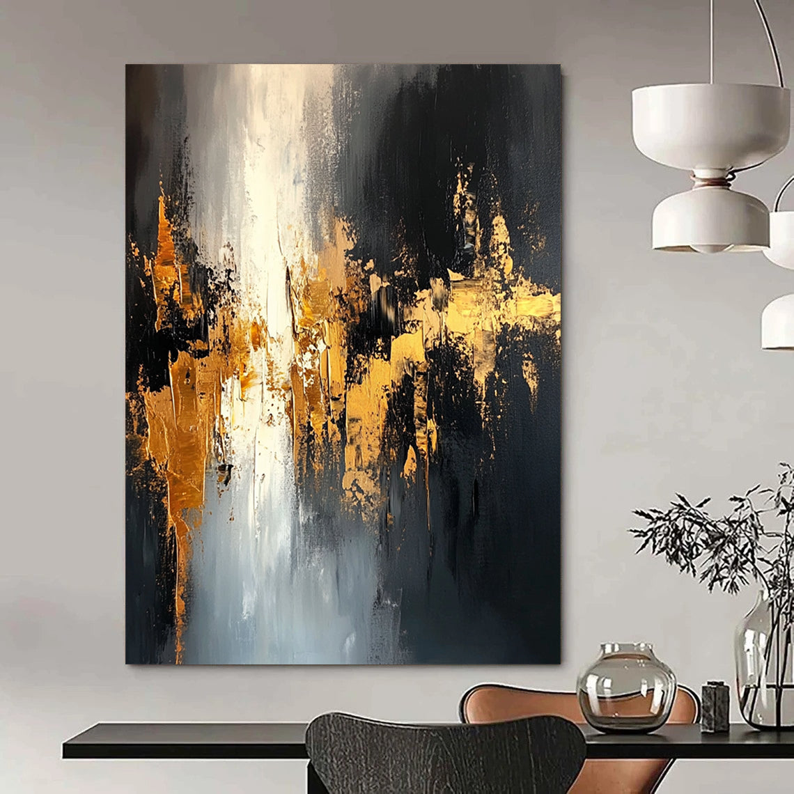 Contemporary hand-painted abstract art featuring black and gold tones with dynamic brushstrokes creating a mysterious urban landscape and intricate depth. DLZ0699