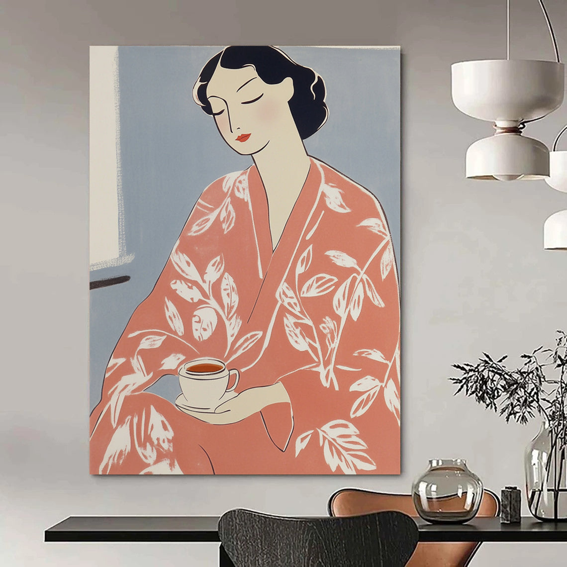 Contemporary abstract artwork features a woman in a pink kimono holding tea adorned with a white flower pattern inspired by Matisse's vibrant style. DLZ1597