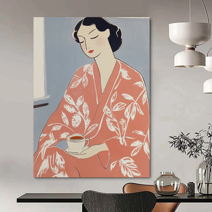 Contemporary abstract artwork features a woman in a pink kimono holding tea adorned with a white flower pattern inspired by Matisse's vibrant style. DLZ1597