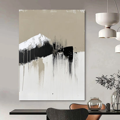 Contemporary hand-painted abstract art featuring a single brush stroke in neutral tones with black and white accents emphasizing minimalism. DLZ0971