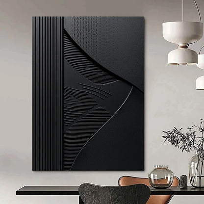 Contemporary abstract art features elegant embossed lines on a black background with balanced dark gray textures for a striking visual impact. DLZ1653