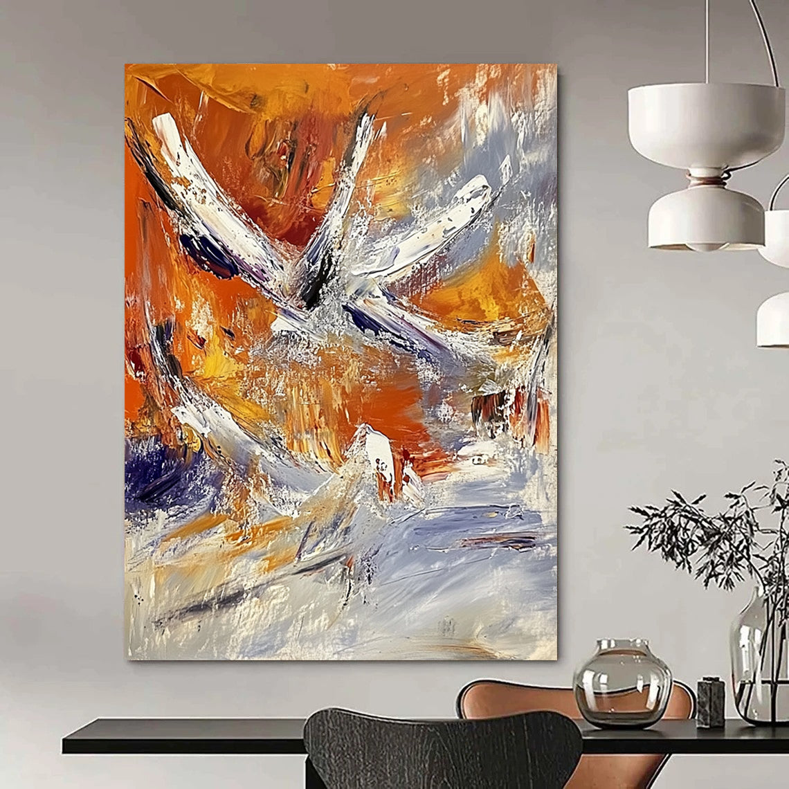 Contemporary abstract painting showcases vibrant orange and white hues with expressive brushstrokes and heavy impasto texture, evoking a captivating flight to space. DLZ0864