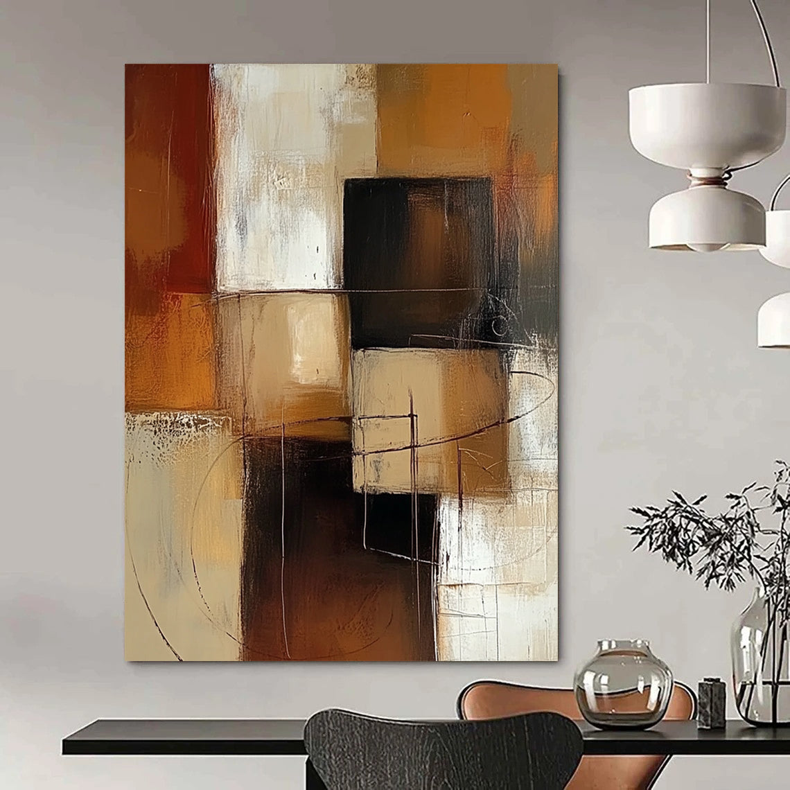 Contemporary hand-painted abstract art features warm brown and beige blocks with white accents showcasing visible brush strokes and soft edges. DLZ0978