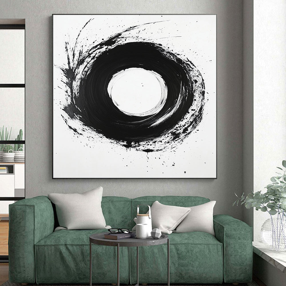 Black, White, Bold Circular Stroke "Ink Moon" Abstract Minimalist Painting On Canvas HB132