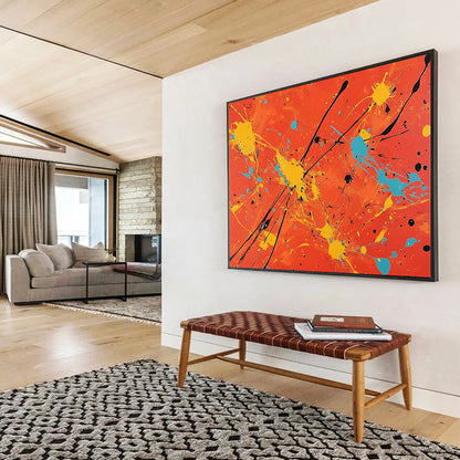 “Colorful Splatter On Orange” - Orange, Yellow, Blue, Black, Abstract Expressionist Painting On Canvas HB0683