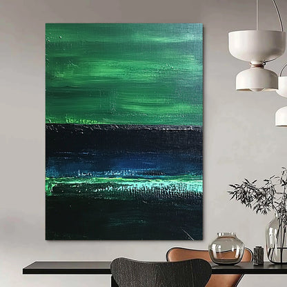 Contemporary abstract painting features textured dark greens and a serene emerald band, evoking calmness reminiscent of dimly lit water reflections. DLZ1242