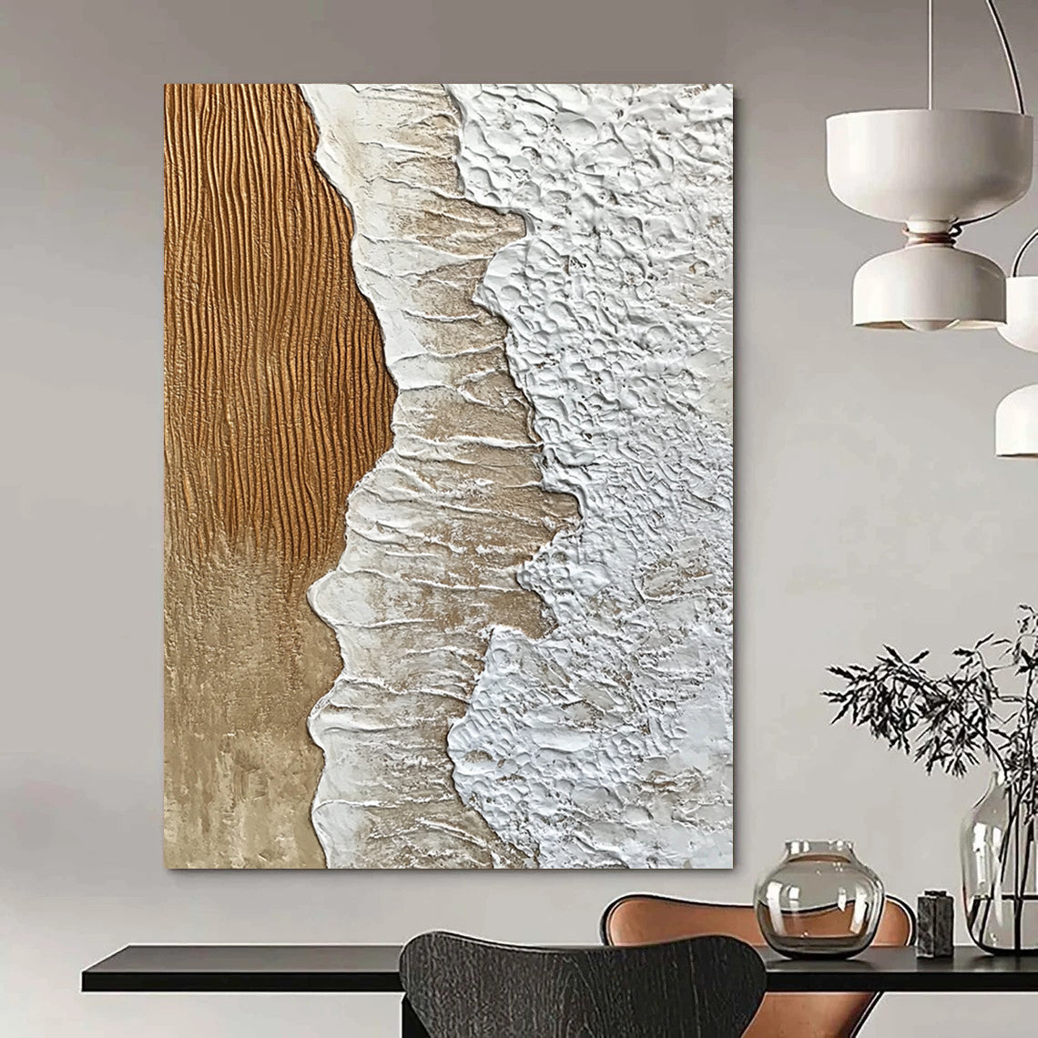 Contemporary abstract art features textured sand and crashing waves, creating intricate patterns that embody the beauty and power of nature. DLZ1207