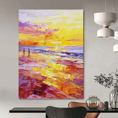Contemporary abstract painting featuring vibrant sunset hues with palette knife textures and small figures on a beach during golden hour. DLZ0476