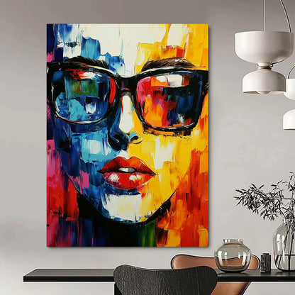 Contemporary abstract artwork featuring a vibrant face with glasses created using a palette knife technique, perfect for modern decor. DLZ0594