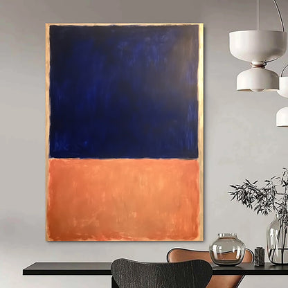 Contemporary hand-painted abstract artwork featuring dark blue and light orange with a significant white space, inspired by Rothko’s bold minimalism. DLZ1362