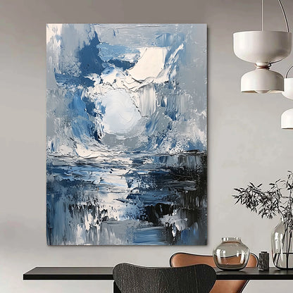 Contemporary abstract painting featuring a dynamic grey and blue stormy sky with a central white sun illuminating the reflective water below using thick impasto strokes. DLZ0600