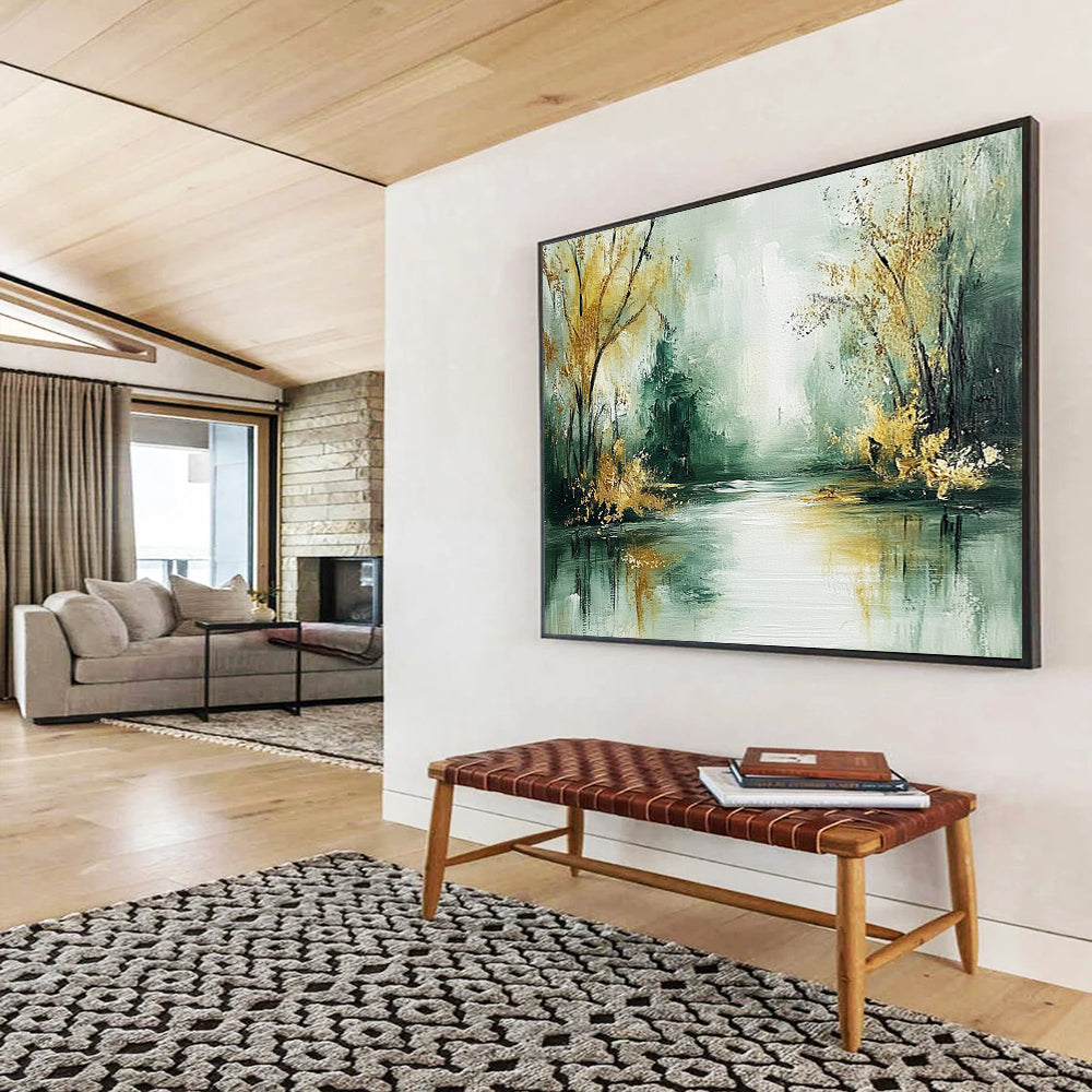 “Misty River with Golden Trees” - Green, gold, gray; Abstract river and trees; Impressionistic Oil Painting On Canvas HB1195