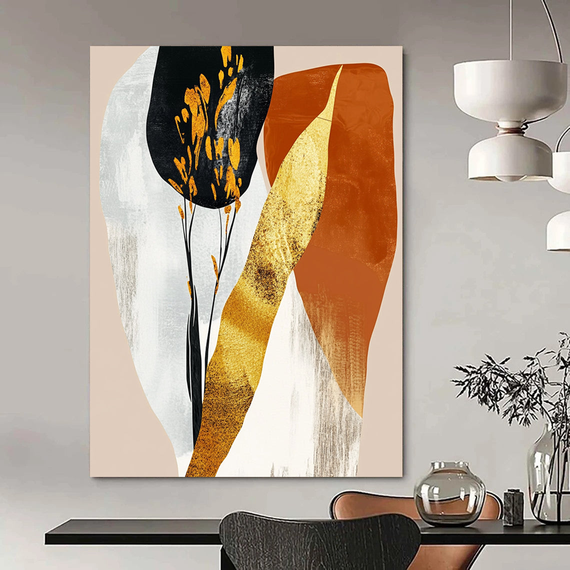 Contemporary abstract art featuring gold foil and pastel orange shapes on a beige background creates a stunning visual impact. DLZ0801