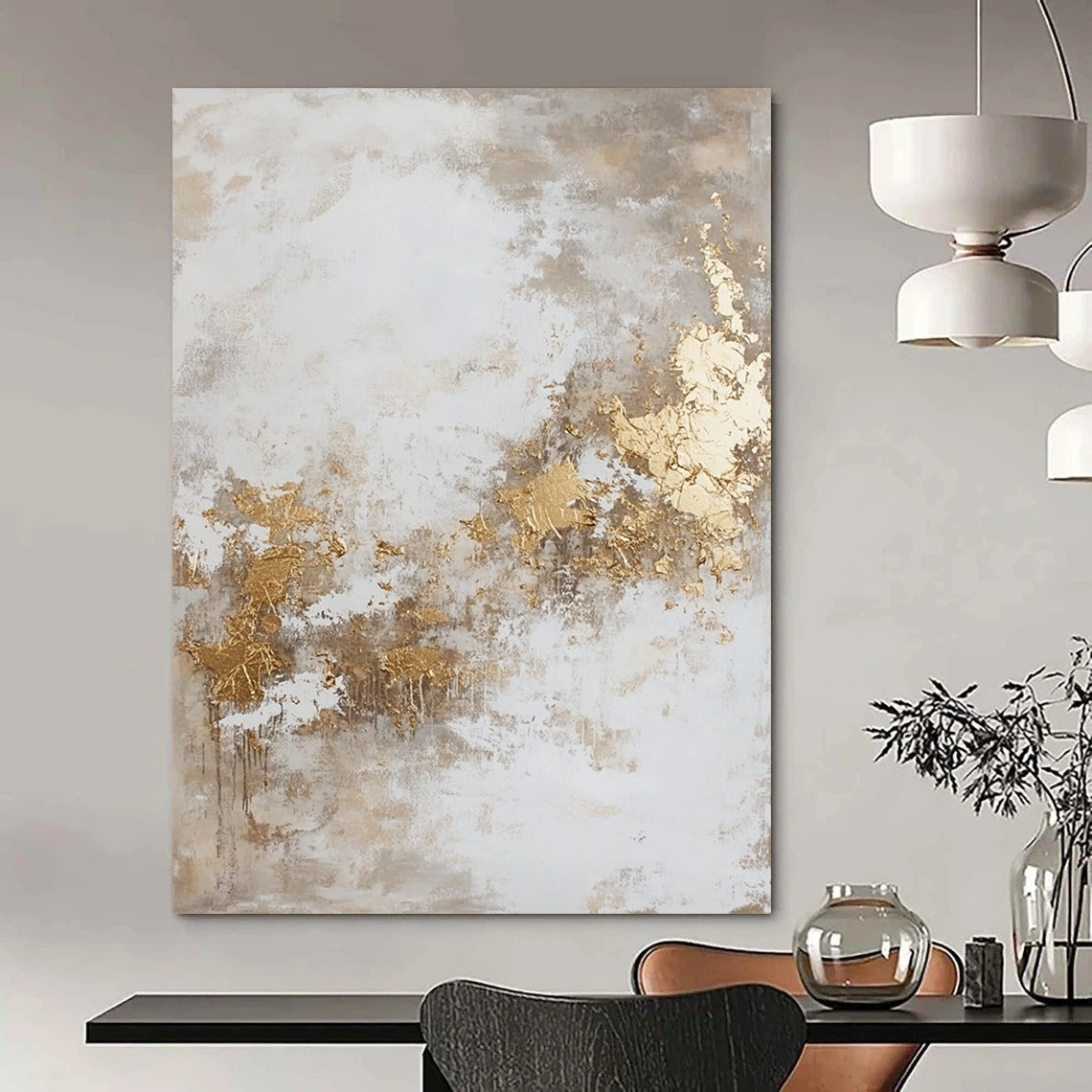 Contemporary hand-painted abstract artwork featuring dynamic paint splatters and luxurious gold foil accents against a backdrop of beige and grey hues. DLZ0534