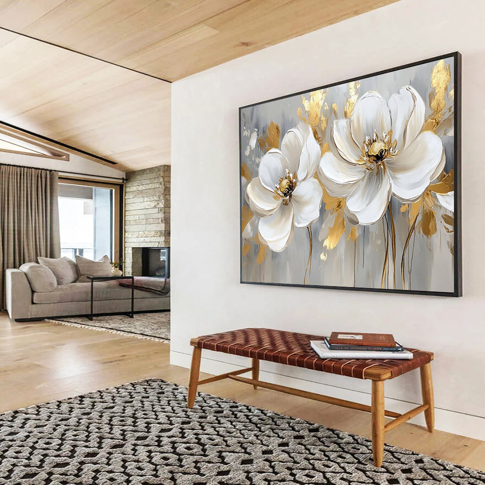 “Gold - Accented White Flowers on Gray” - White, Gold, Gray, White flowers with gold details on gray - Impasto Oil Painting HB1786