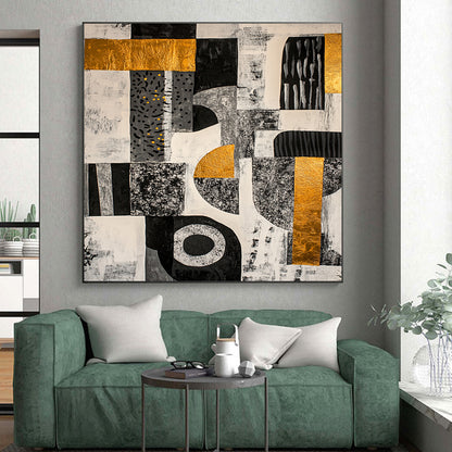 Black, White, Gray, Gold and Yellow Geometric Collage "Vibrant Mosaic" Painting On Canvas HB377