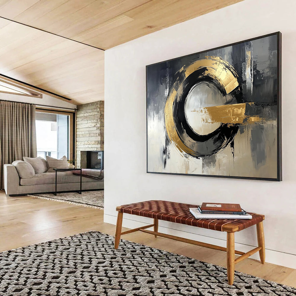 “Gold - Black Circular Abstraction” - Gold, Black, Circular Textured Painting On Canvas HB0794