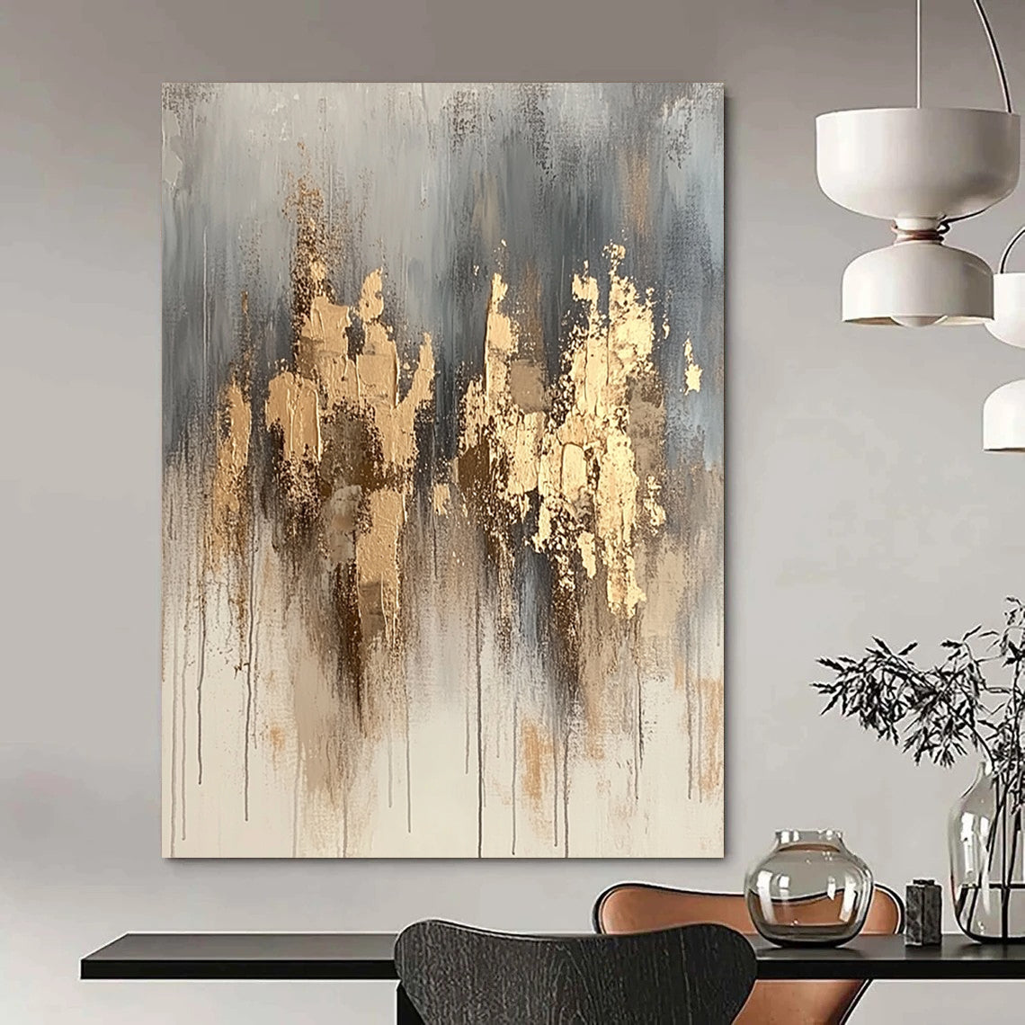 Contemporary hand-painted abstract artwork features neutral tones with gold accents and dynamic paint splashes for a refined aesthetic. DLZ1076