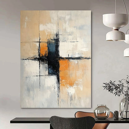 Large contemporary hand-painted abstract art featuring soft neutral tones with orange accents and black elements, incorporating architectural shapes and loose brush strokes. DLZ1058