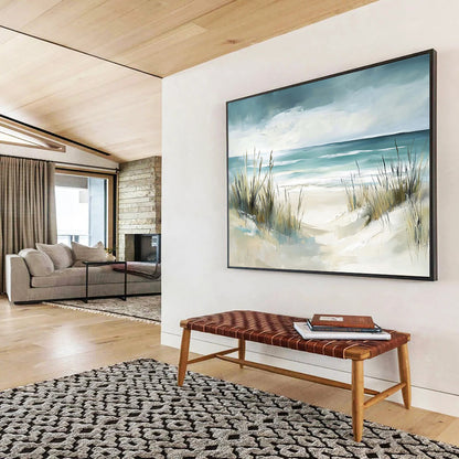 “Beach Path With Grasses” - Teal, Beige, Impressionist Beach Scene On Canvas HB0698