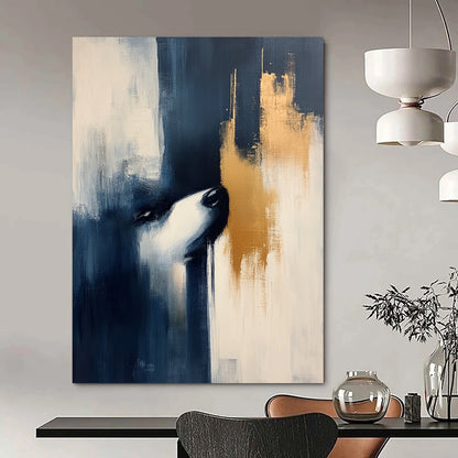 Contemporary hand-painted abstract art featuring dark blue and beige hues with elegant gold accents, perfect for modern decor. DLZ0850