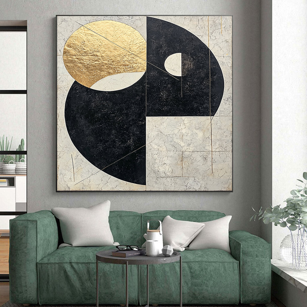 Black, White, Gray, Gold, Overlapping Circles "Gilded Orb Harmony" Abstract Modernist Painting On Canvas HB123
