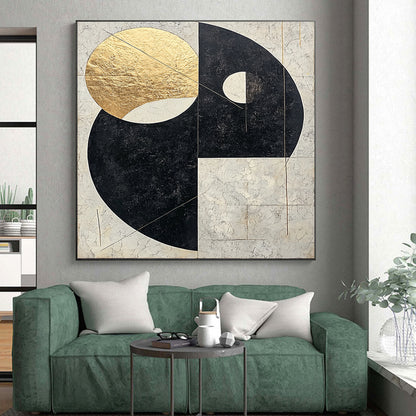 Black, White, Gray, Gold, Overlapping Circles "Gilded Orb Harmony" Abstract Modernist Painting On Canvas HB123