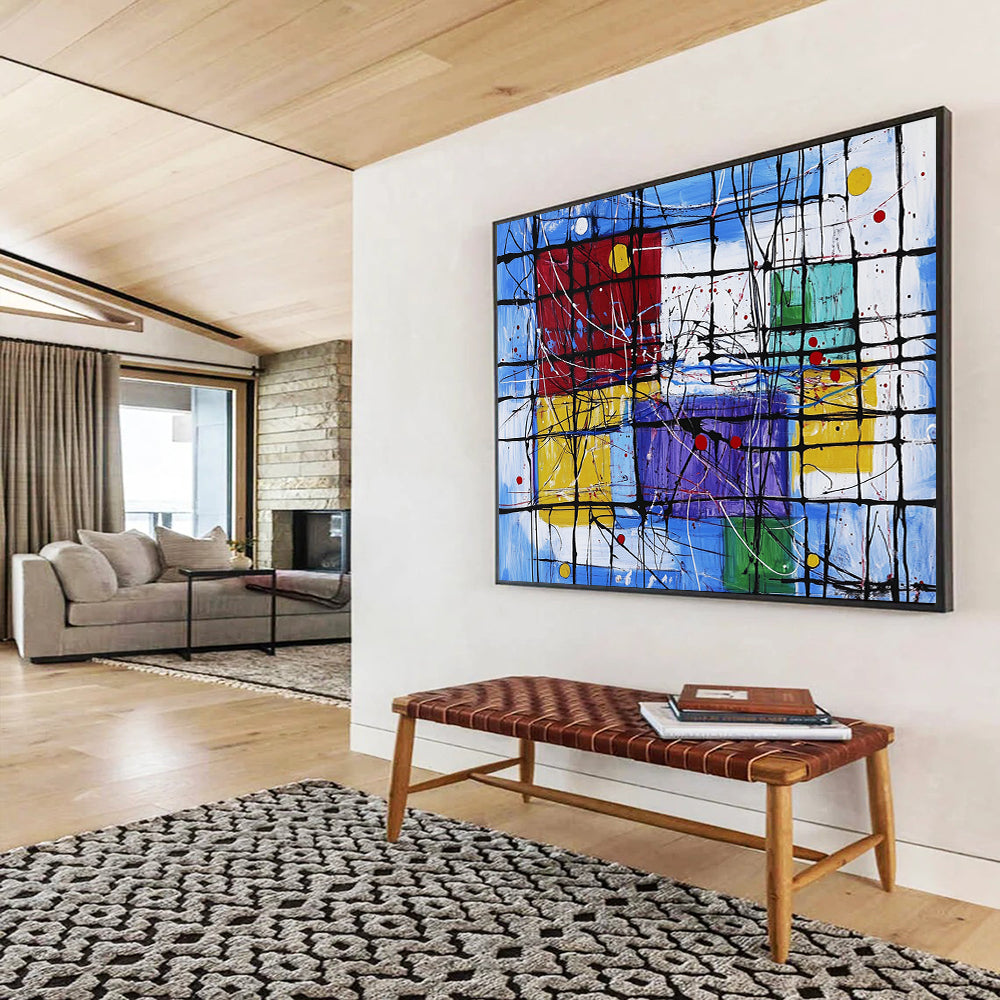 “Colorful Geometric Abstract with Black Grid” - Modernist Painting On Canvas HB0518