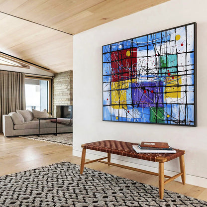 “Colorful Geometric Abstract with Black Grid” - Modernist Painting On Canvas HB0518