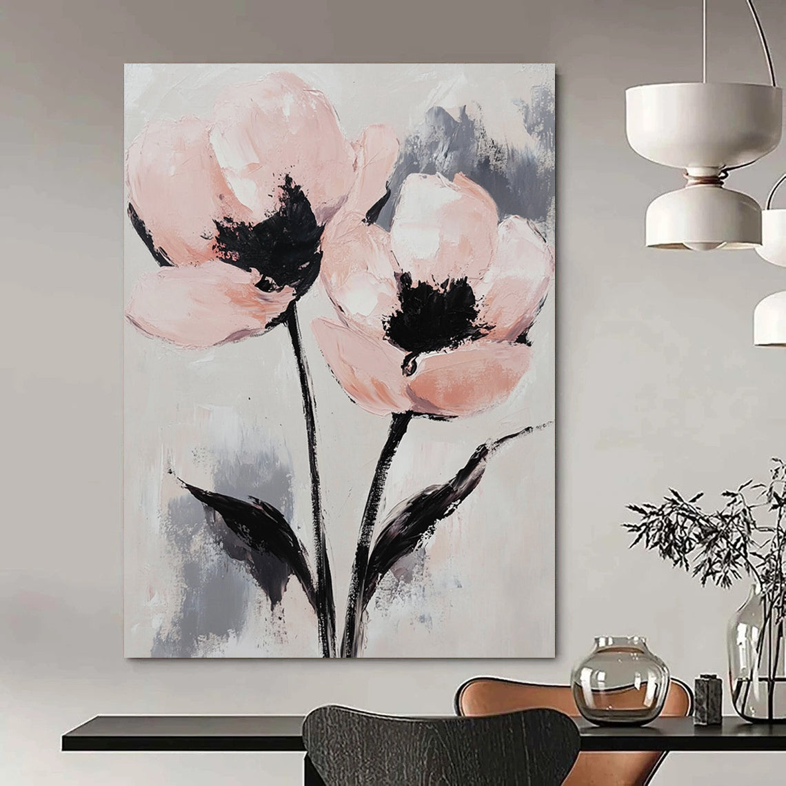 Contemporary abstract painting featuring elegant pink and gray flowers with long stems on a textured canvas background, exuding tranquility and intricate detail. DLZ1685