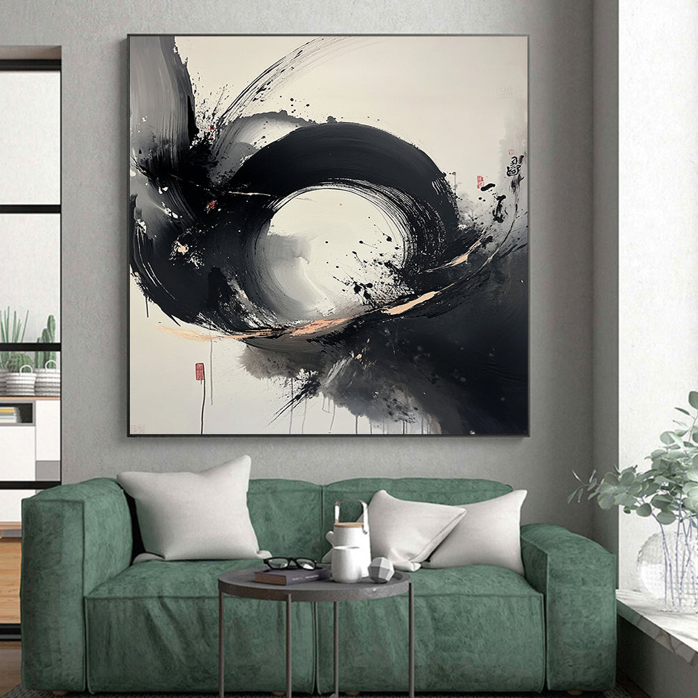 Black, White, Gray, Splattered Circle "Ink Blot Symphony" Abstract Expressionist Painting On Canvas HB105