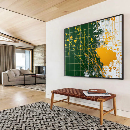 “Gold - Splatter Grid” - Green grid, yellow splatters, Abstract Painting On Canvas HB0558