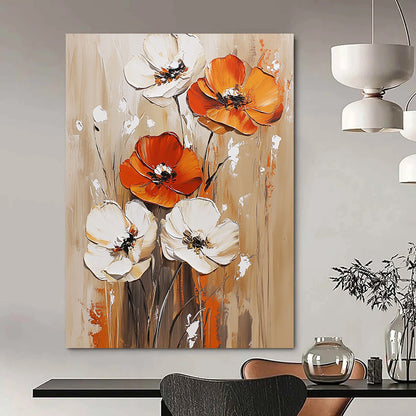 Contemporary hand-painted abstract artwork featuring vibrant orange and white flowers on a light brown background with rich accents in dark red and gold. DLZ0631
